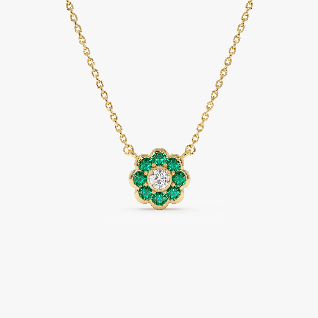Bezel Setting Emerald Flower Diamond Necklace