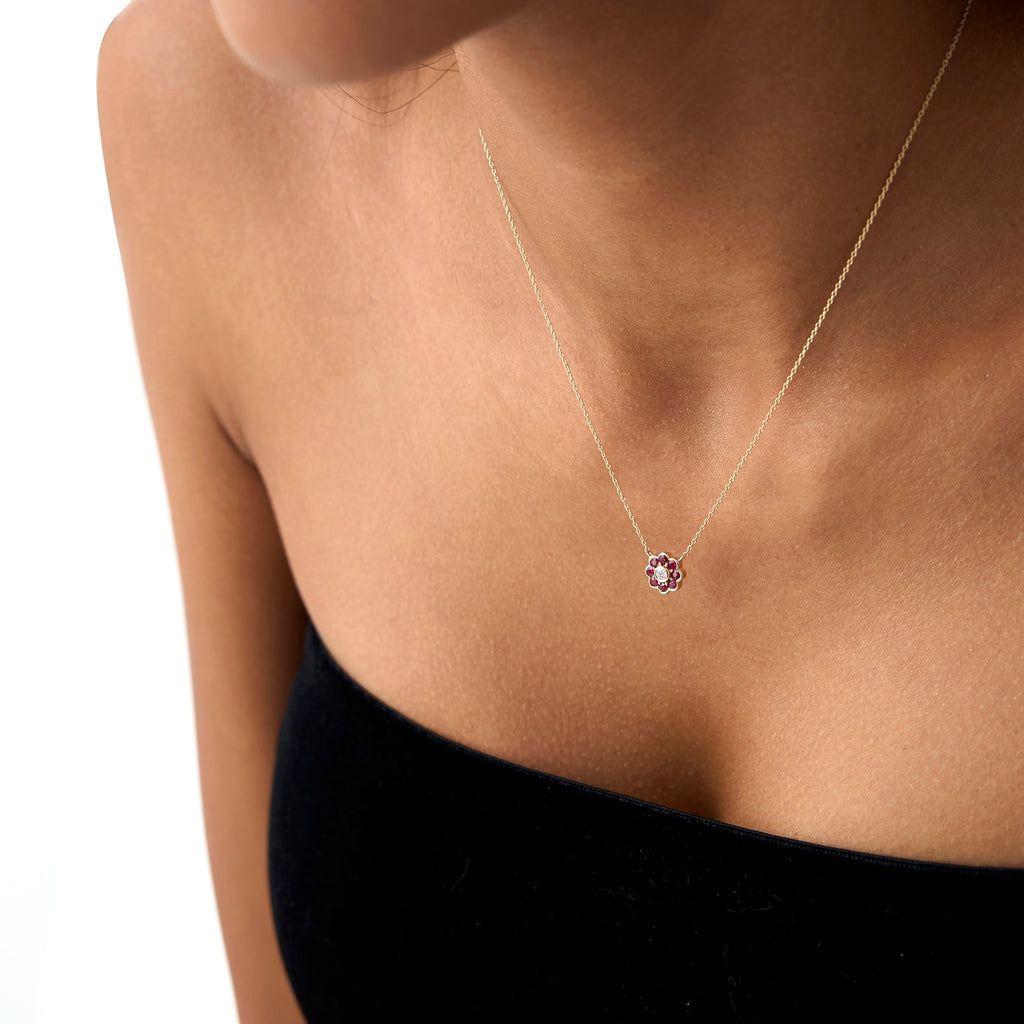 Bezel Setting Ruby Flower Diamond Necklace
