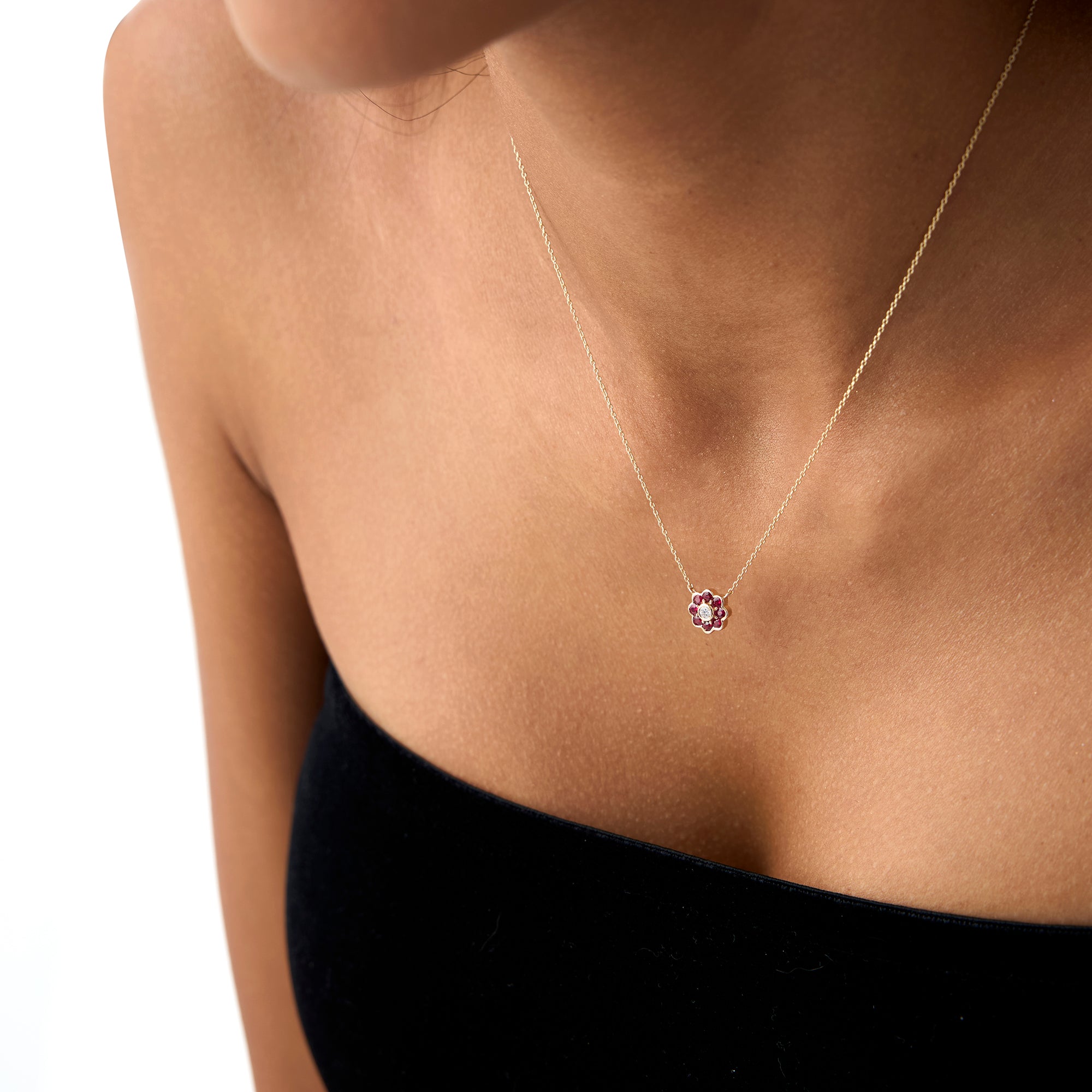 Bezel Setting Ruby Flower Diamond Necklace