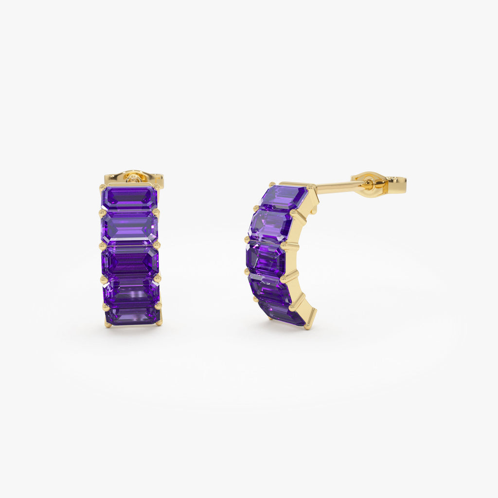 Emerald Cut Amethyst Half Hoop Earrings