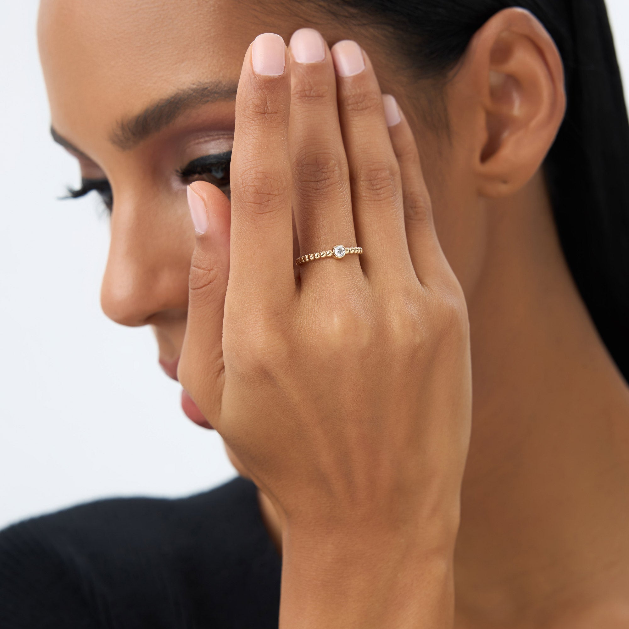 Beaded Solitaire Diamond Bezel Ring