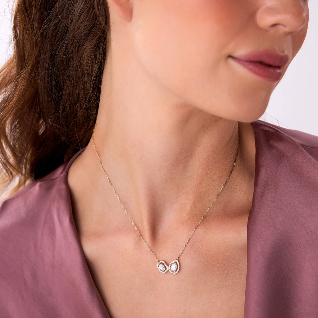Pear & Emerald Cut Toi et Moi Halo Setting Necklace