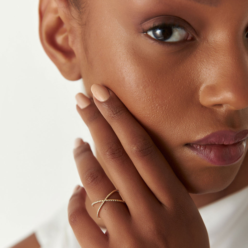 Beaded Band Criss Cross Statement Ring