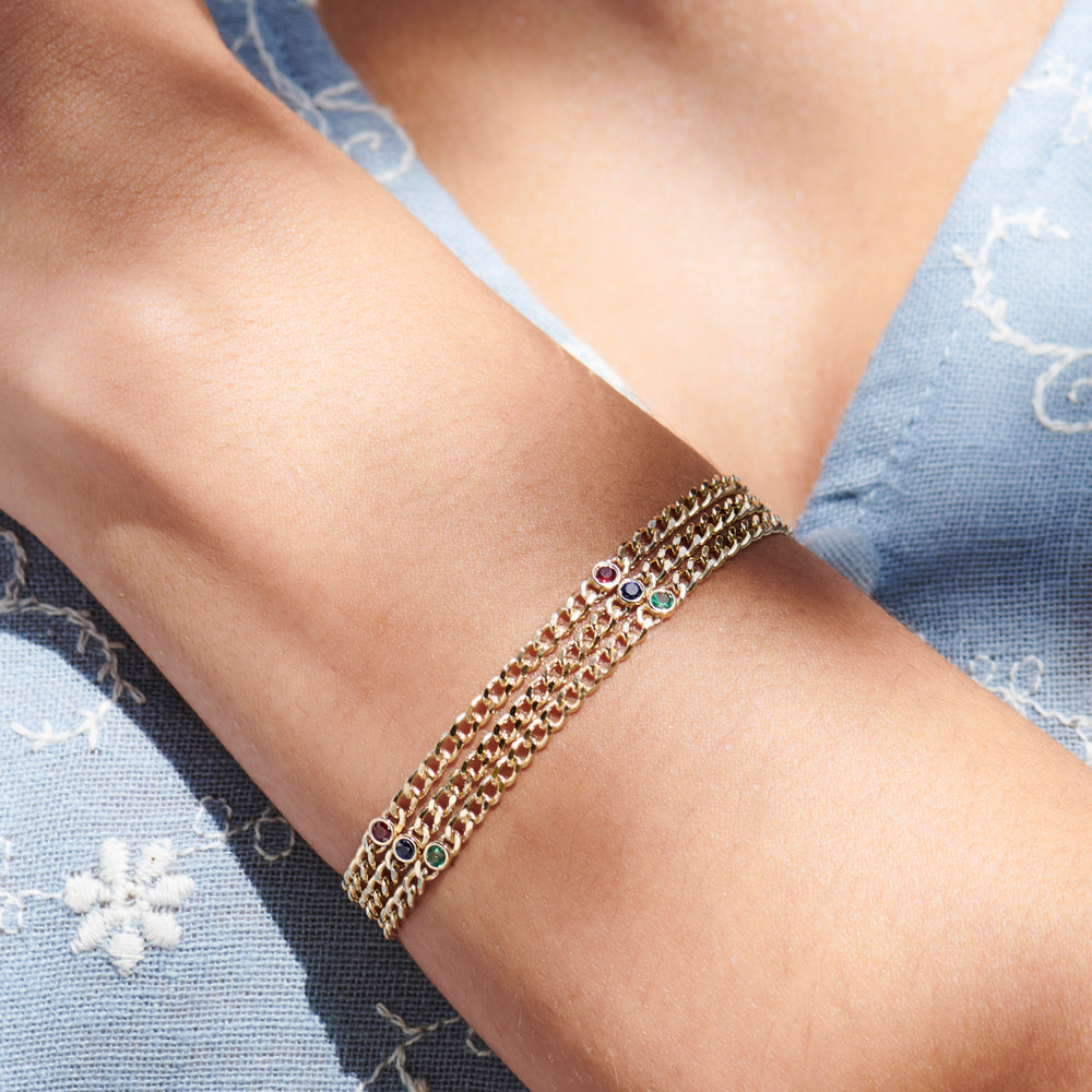 Cuban Link Bracelet w Bezel Setting Round Emerald