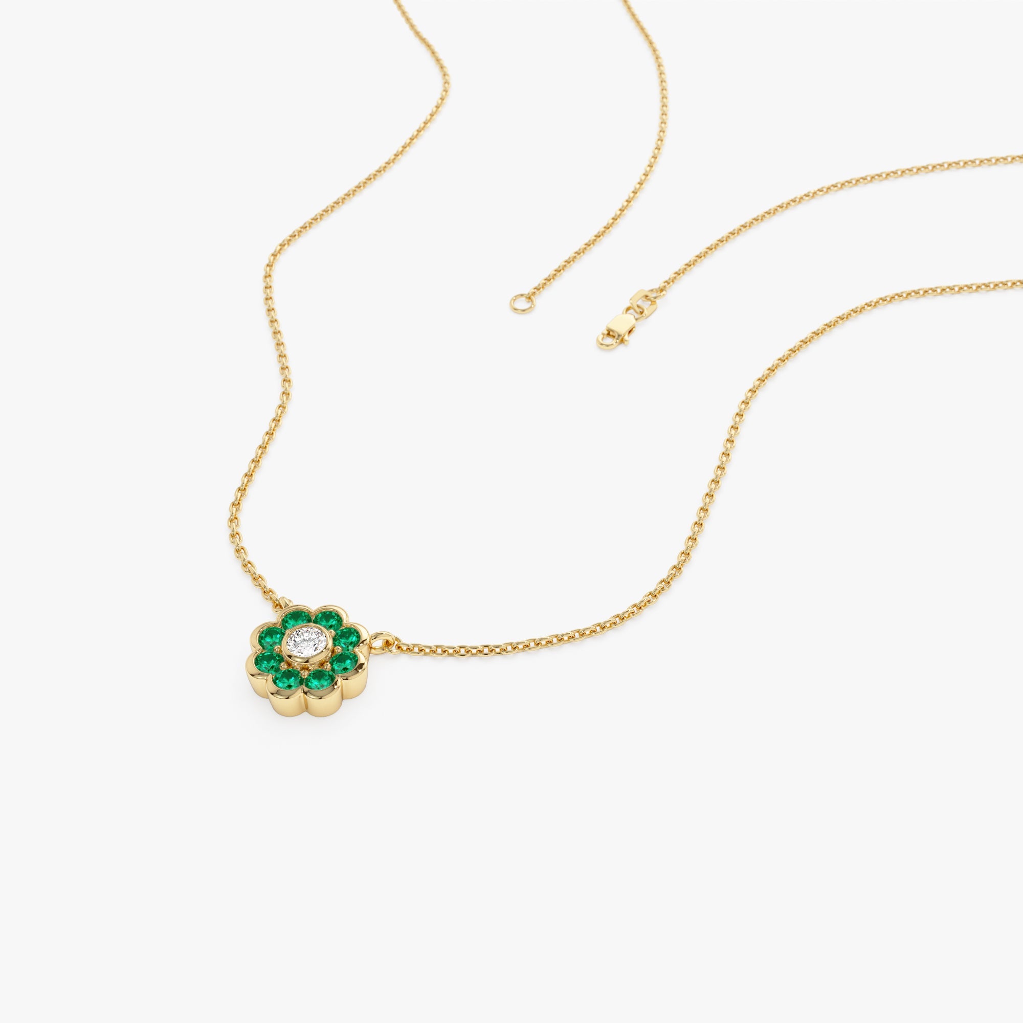 Bezel Setting Emerald Flower Diamond Necklace