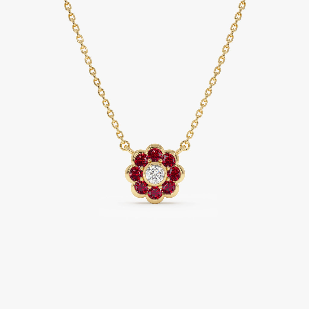 Bezel Setting Ruby Flower Diamond Necklace
