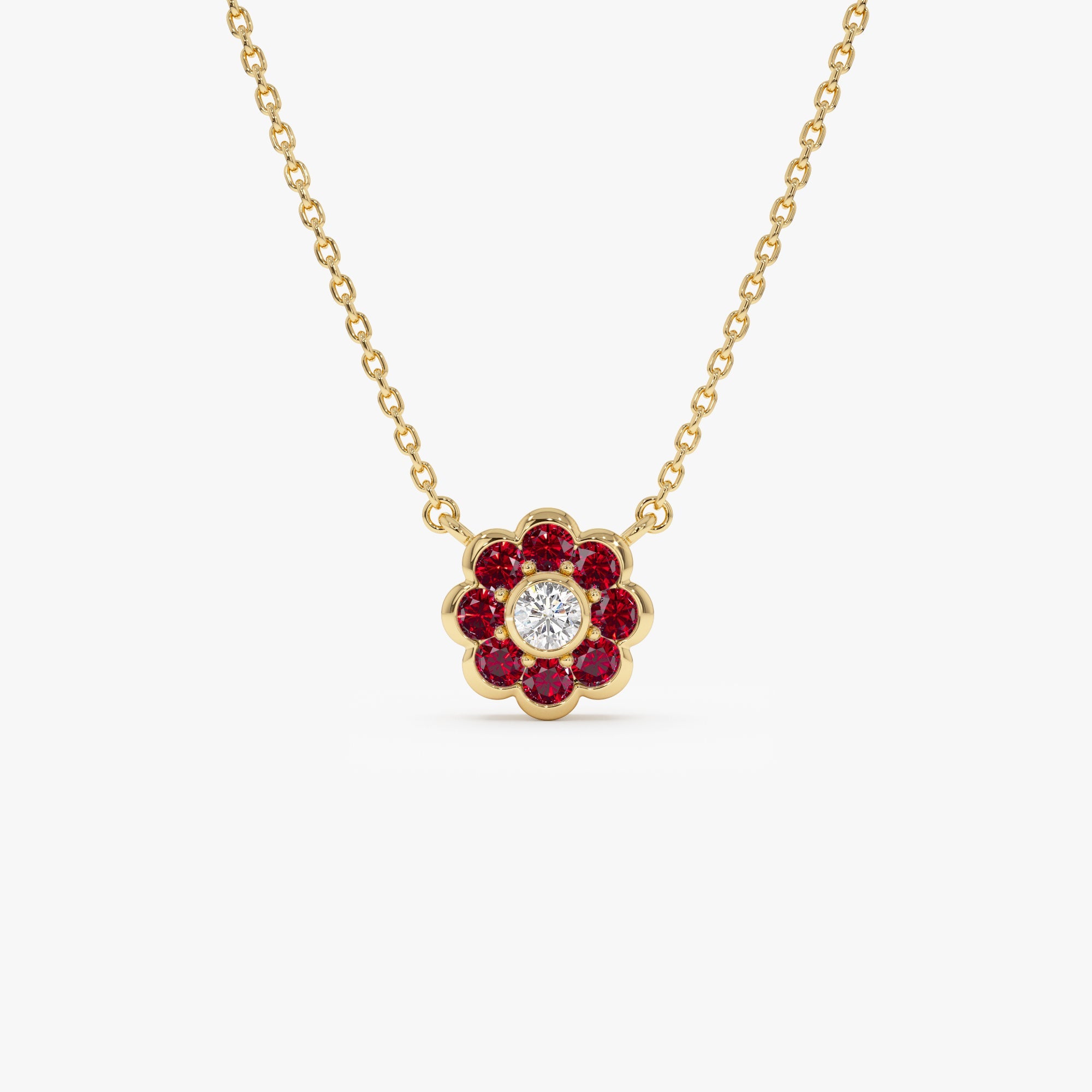 Bezel Setting Ruby Flower Diamond Necklace