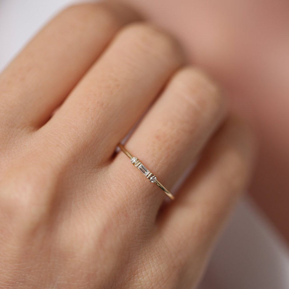 Dainty Baguette and Round Diamond Ring