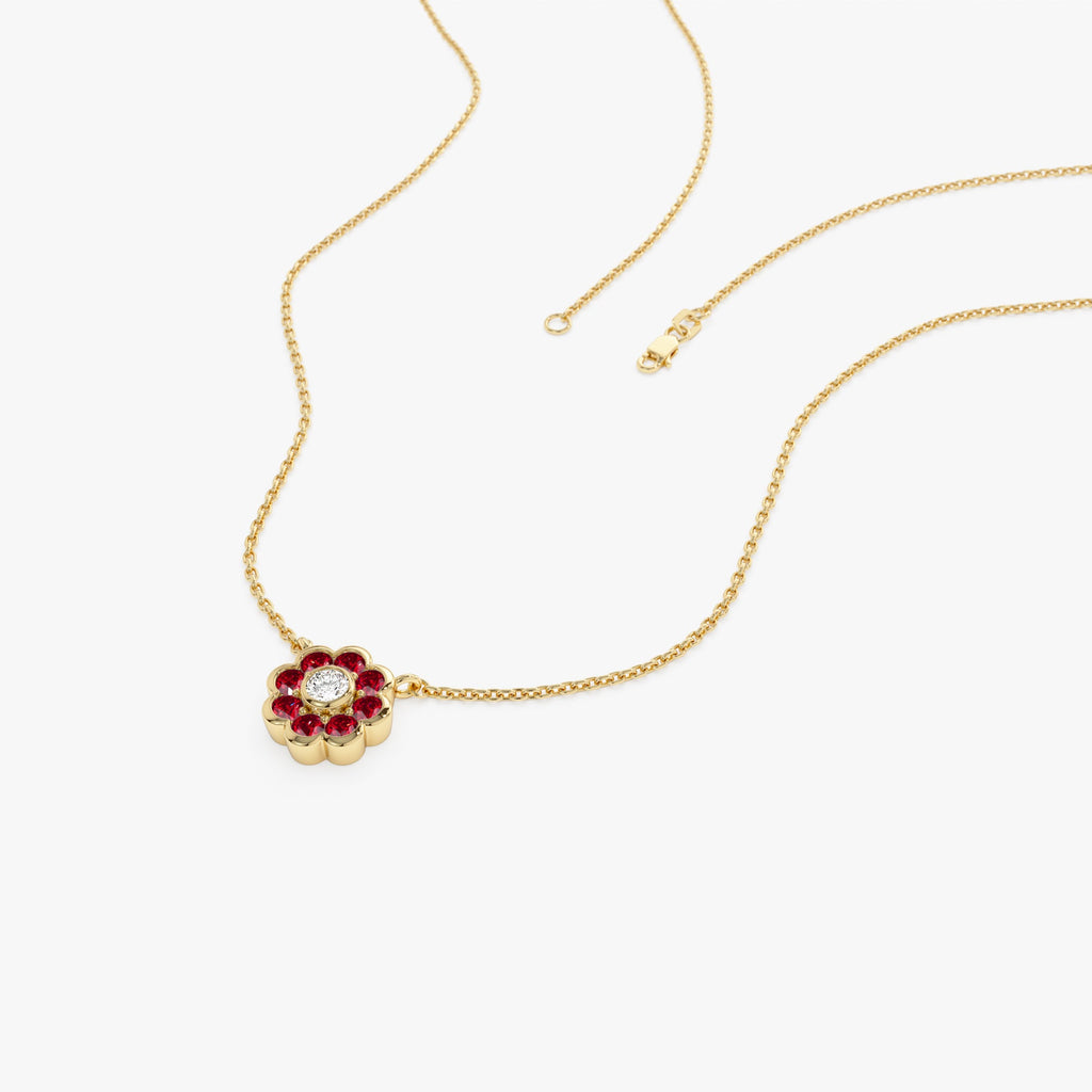 Bezel Setting Ruby Flower Diamond Necklace