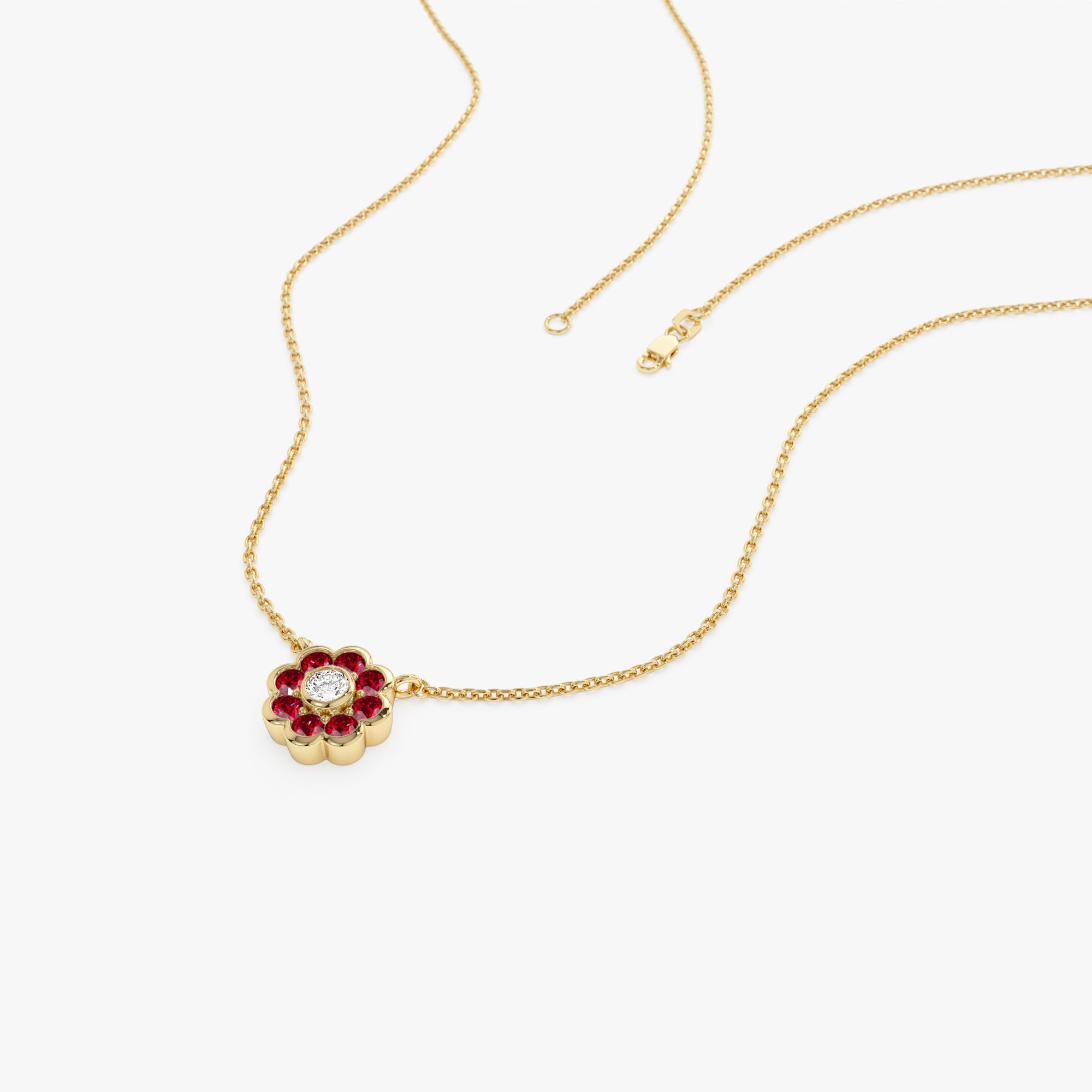 Bezel Setting Ruby Flower Diamond Necklace