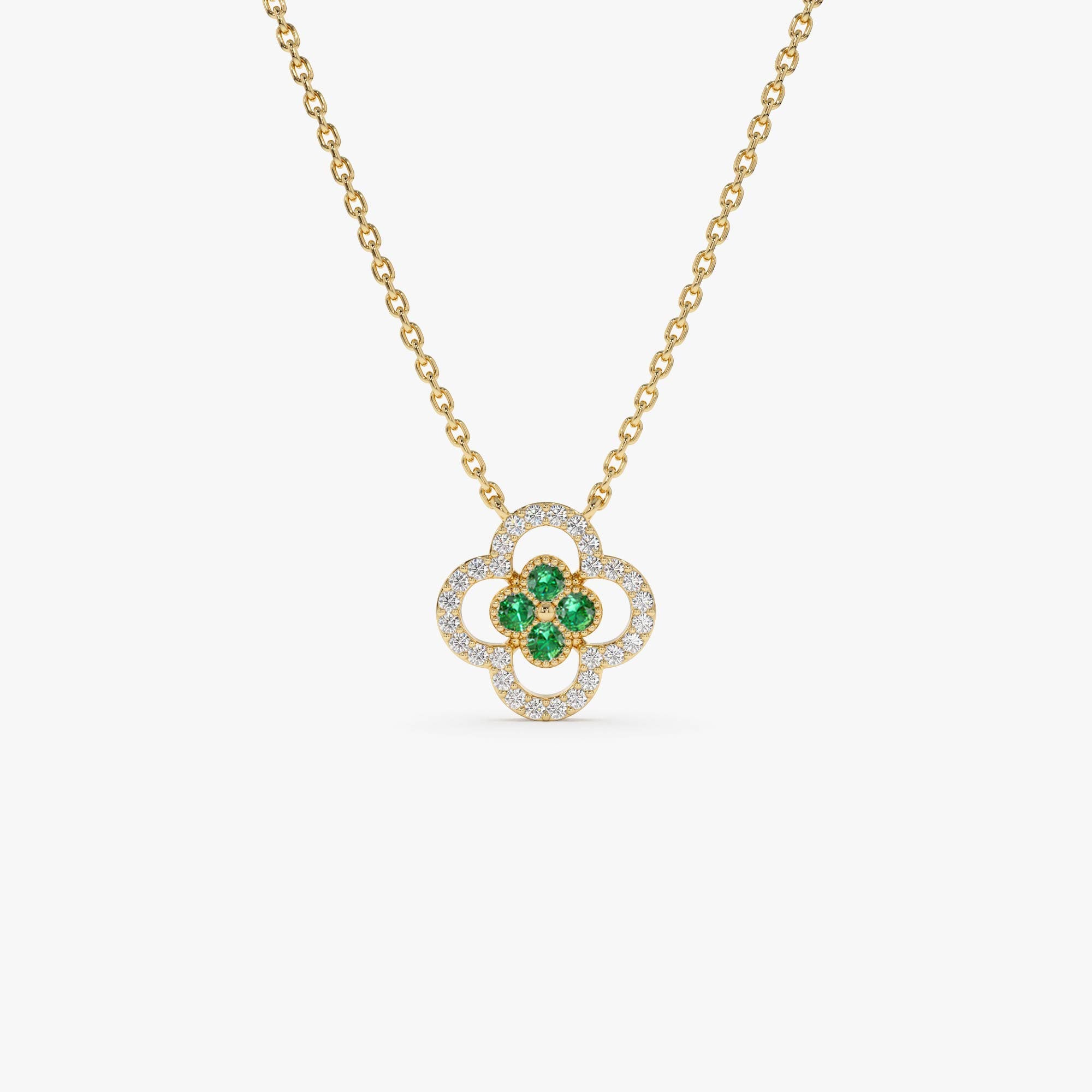 Emerald Clover Necklace in Halo Setting